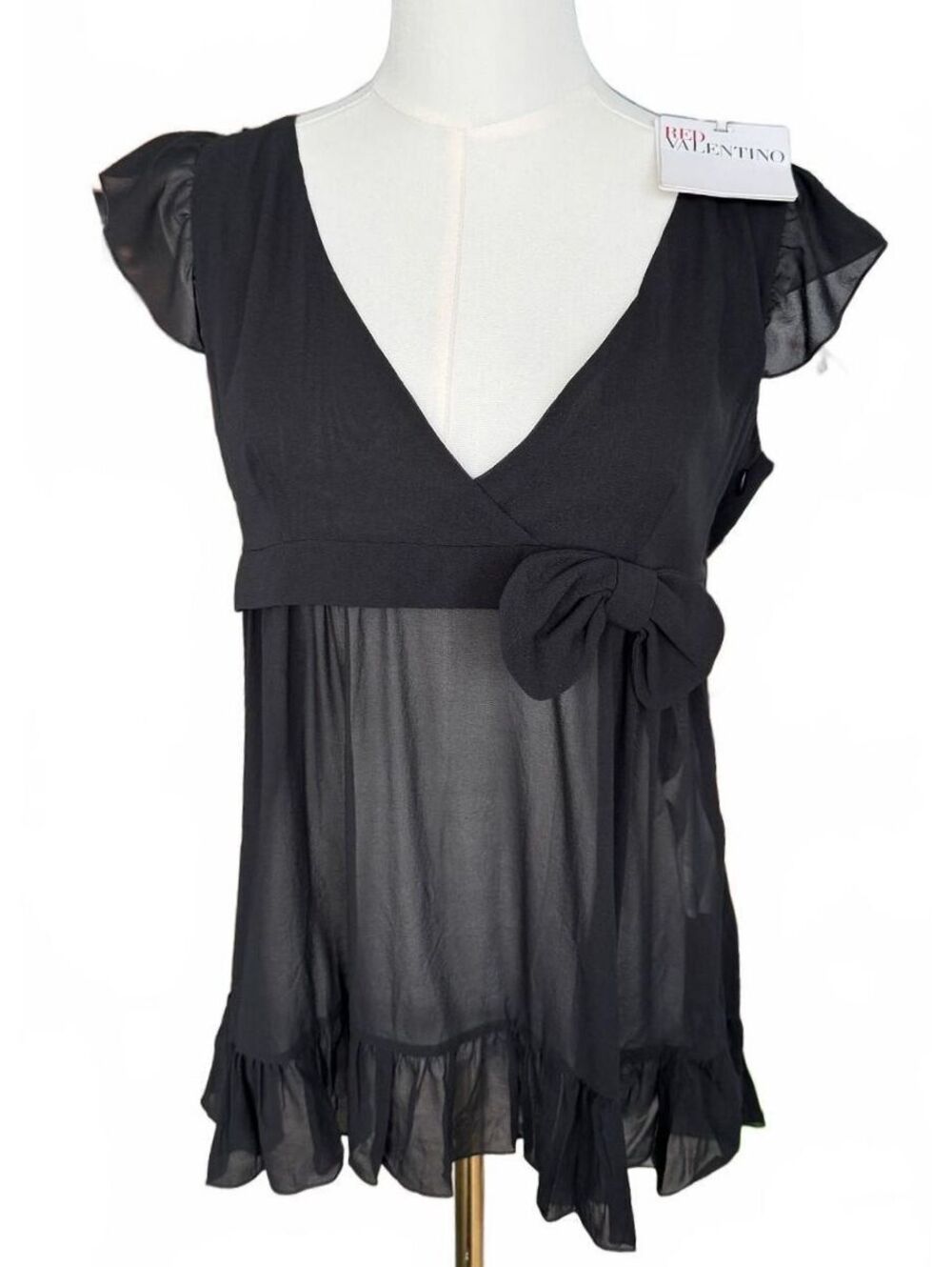 Red Valentino Silk Black Sheer Babydoll Top Bow Accent US 6